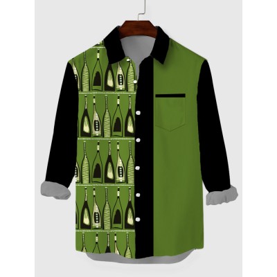 Black & Green Stitching Elegant Art Bottles Printing Breast Pocket Men's Long Sleeve Shirt