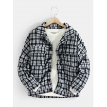 Mens Plaid Double Pockets Woolen Thick Button Lapel Casual Jacket