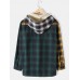 Mens Patchwork Plaid Warm Fleece Lined Long Sleeve Hooded Jacket