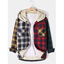 Mens Patchwork Plaid Warm Fleece Lined Long Sleeve Hooded Jacket