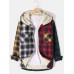 Mens Patchwork Plaid Warm Fleece Lined Long Sleeve Hooded Jacket